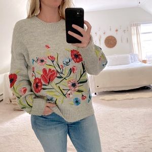 Floral Oversized Sweater | Light Grey with Colorful Embroidered Flowers